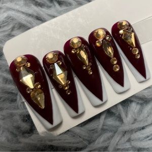 Long coffin press on nails gold rhinestones white French tips handmade custom
